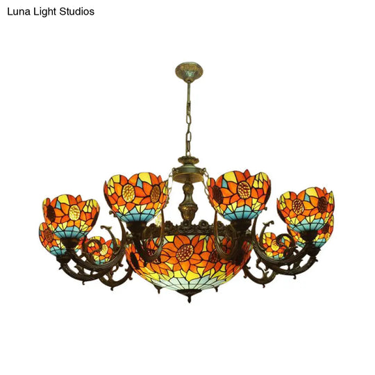 Lodge Sunflower Chandelier Stained Glass Pendant Light - Orange 9/11/15 Lights Ideal For Living Room