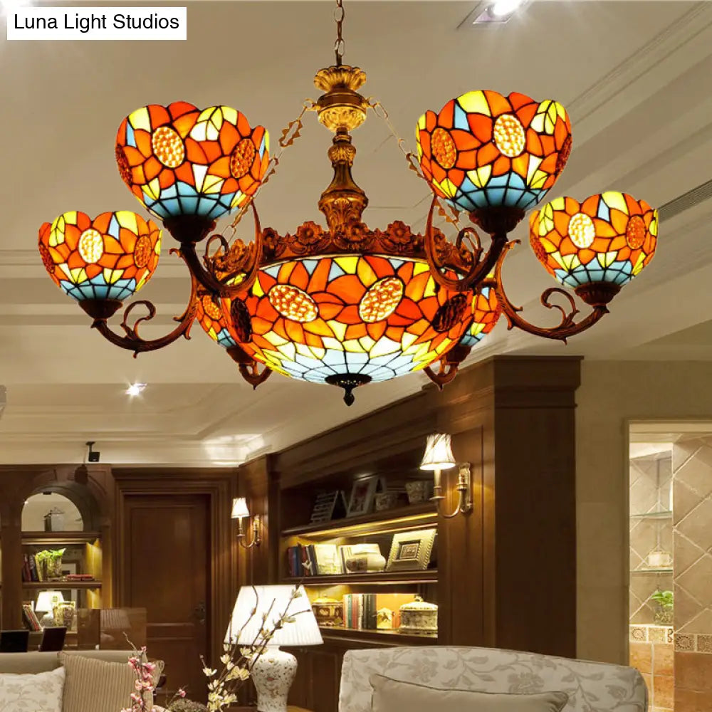 Lodge Sunflower Chandelier - Stained Glass Pendant Light (9/11/15 Lights) In Orange For Living Room