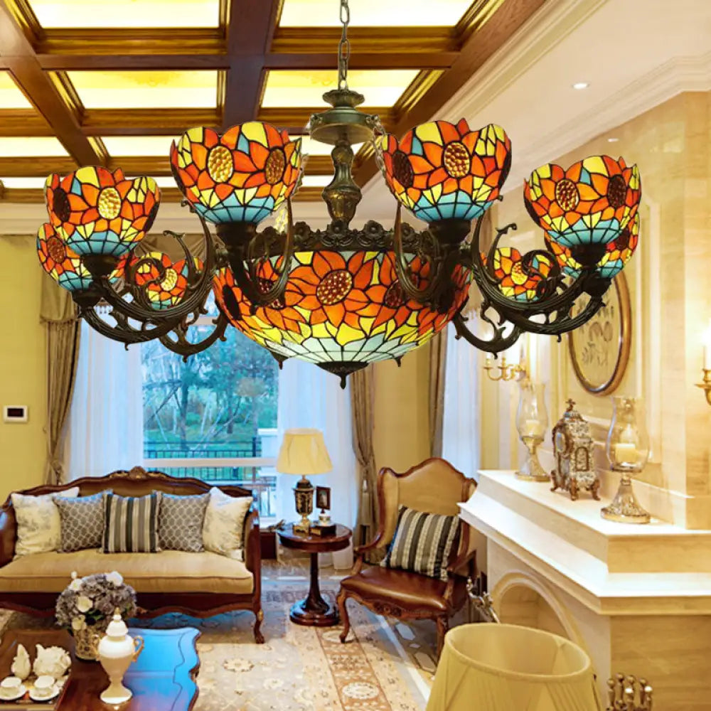 Lodge Sunflower Chandelier - Stained Glass Pendant Light (9/11/15 Lights) In Orange For Living Room