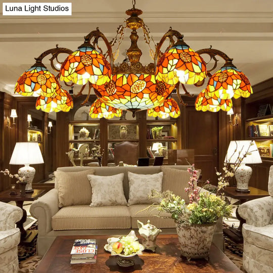 Lodge Sunflower Chandelier Stained Glass Pendant Light - Orange 9/11/15 Lights Ideal For Living Room