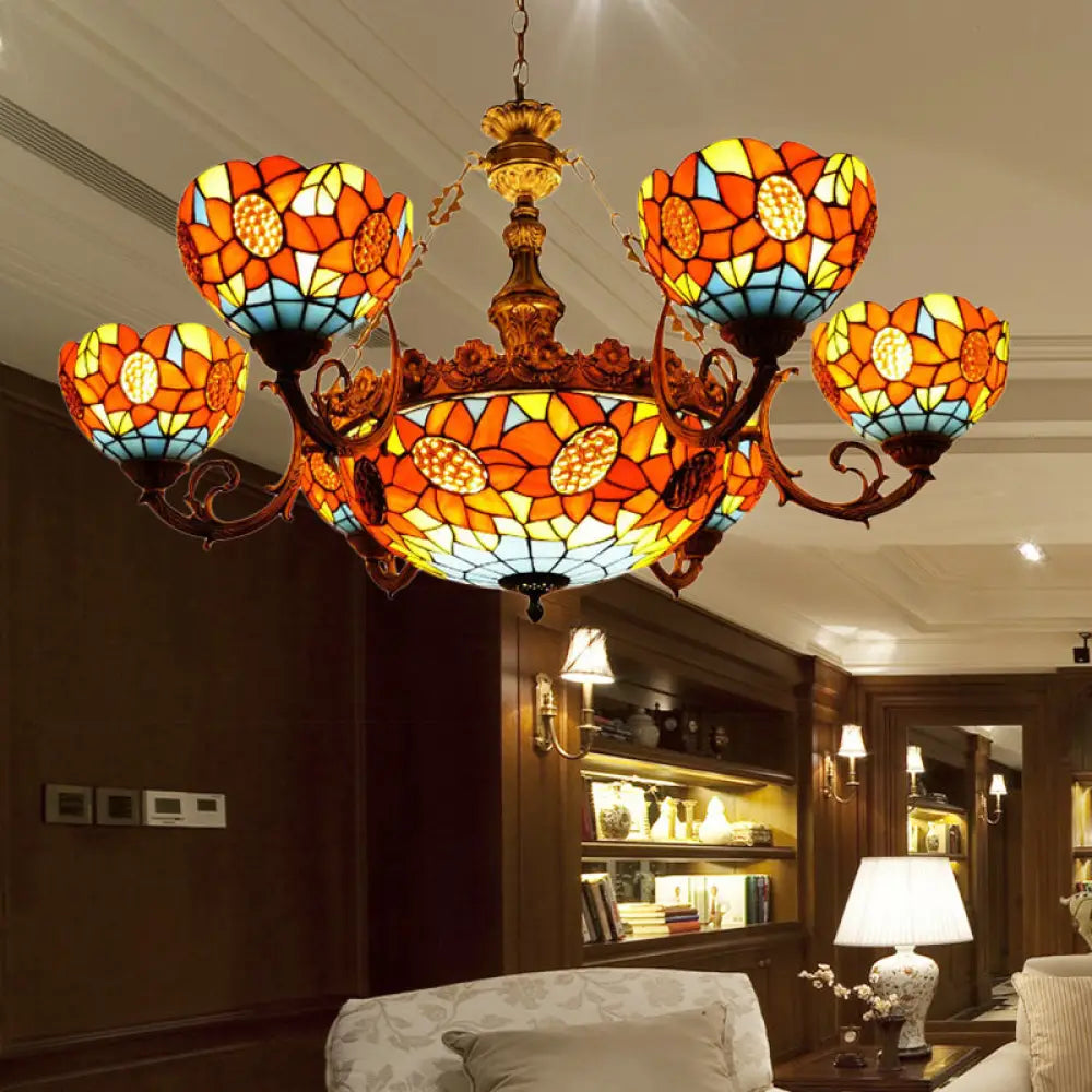 Lodge Sunflower Chandelier - Stained Glass Pendant Light (9/11/15 Lights) In Orange For Living Room