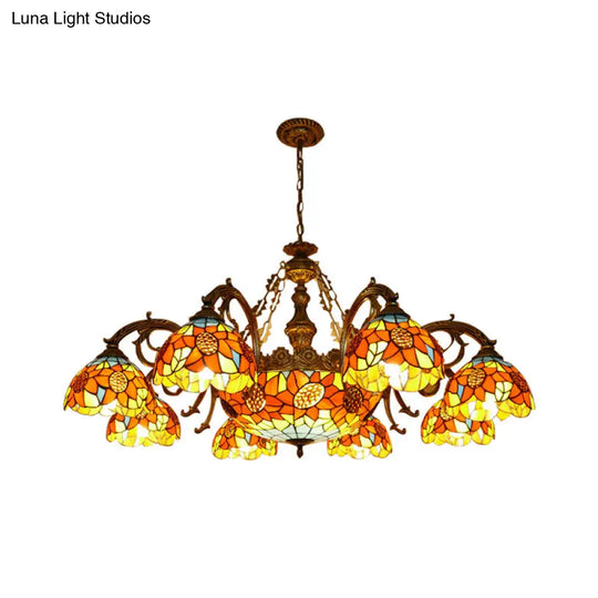 Lodge Sunflower Chandelier - Stained Glass Pendant Light (9/11/15 Lights) In Orange For Living Room