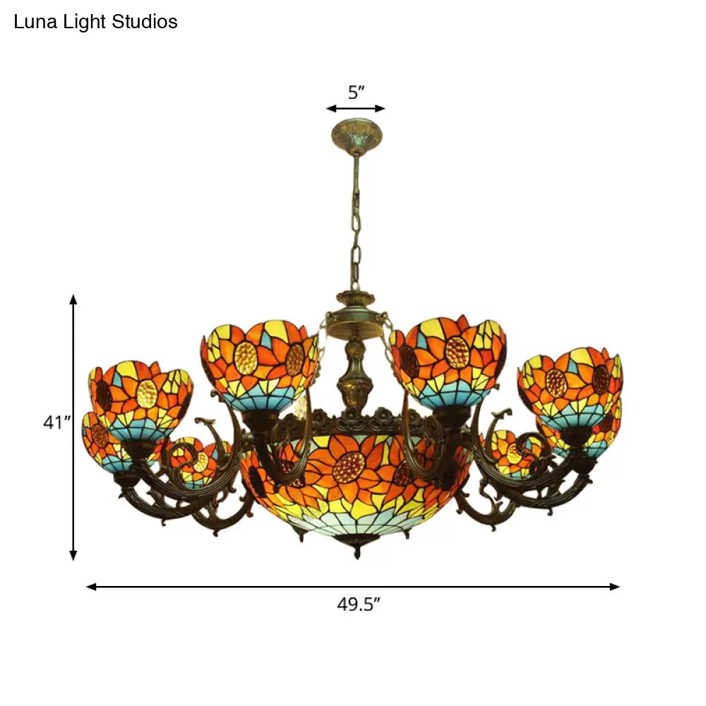 Lodge Sunflower Chandelier - Stained Glass Pendant Light (9/11/15 Lights) In Orange For Living Room