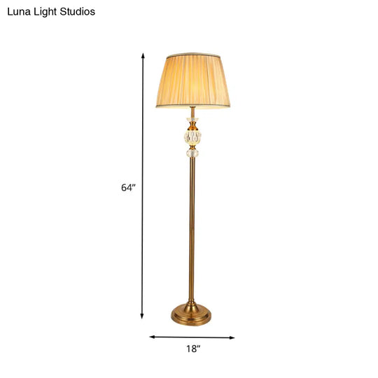 Lodge Tapered Standing Lamp: Beige Fabric Floor Light With Crystal Accent - Ideal For Living Room