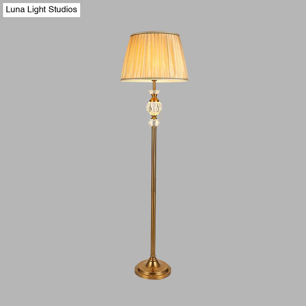 Lodge Tapered Standing Lamp: Beige Fabric Floor Light With Crystal Accent - Ideal For Living Room