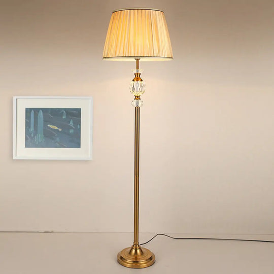 Lodge Tapered Standing Lamp: Beige Fabric Floor Light With Crystal Accent - Ideal For Living Room