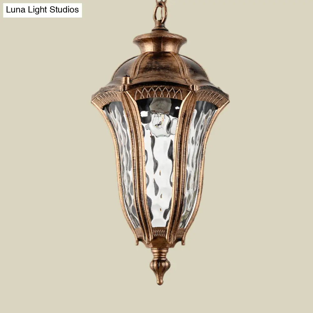 Lodge Urn-Shaped Pendant Light In Bronze - 1-Light Clear Ripple Glass Hanging Ceiling Fixture