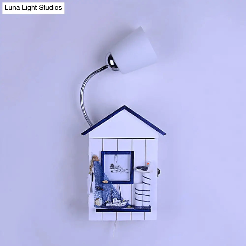 Lodge Wood Wall Sconce With Bucket Shade - Modern White Bedroom Light