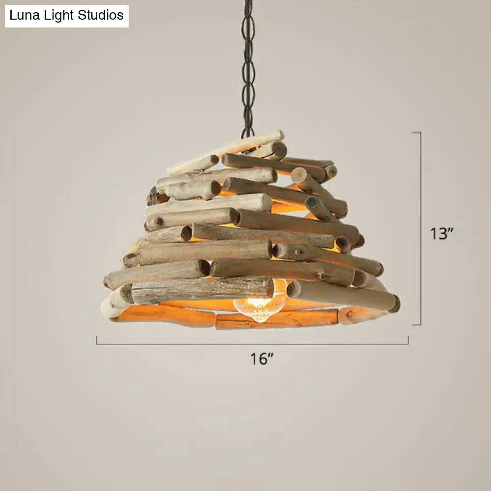 Lodge Wooden Single Pendant Light Fixture - Stacked Sticks Suspension Lamp For Dining Room Wood / 16