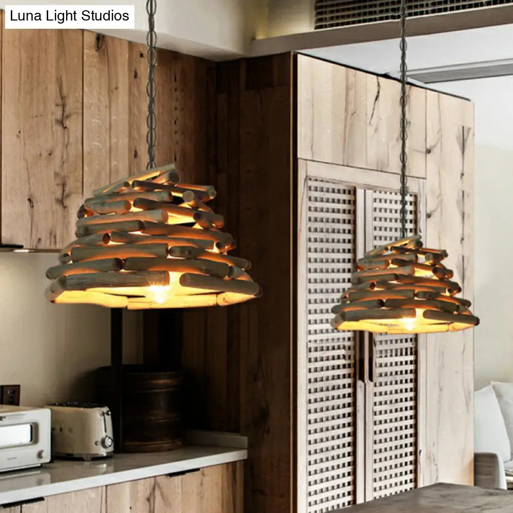 Lodge Wooden Pendant Light: Stacked Sticks Suspension Lamp For Dining Room