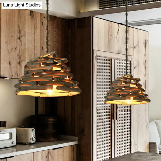 Lodge Wooden Single Pendant Light Fixture - Stacked Sticks Suspension Lamp For Dining Room