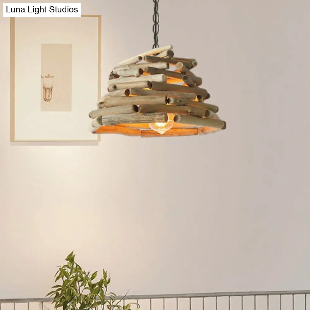 Lodge Wooden Pendant Light: Stacked Sticks Suspension Lamp For Dining Room