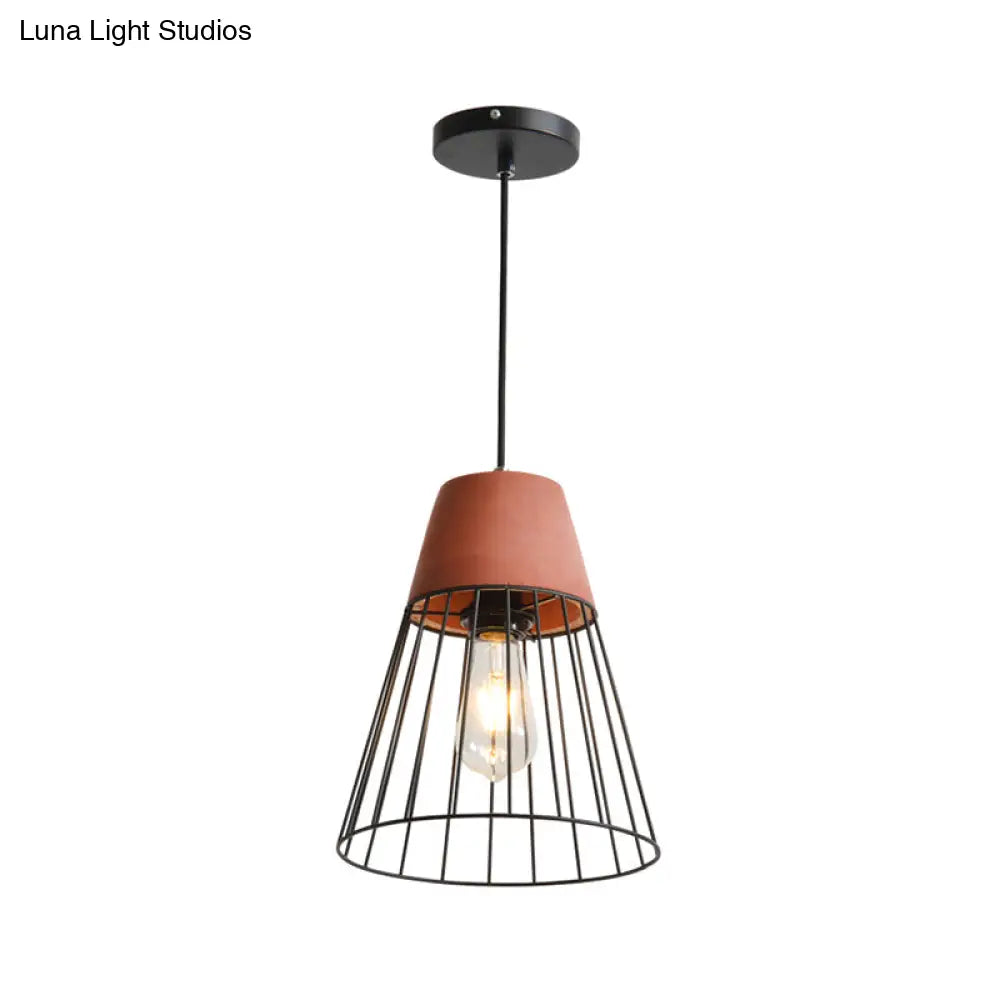 Loft Bedside Pendant Light With Cage And Cement Top In Grey/Red