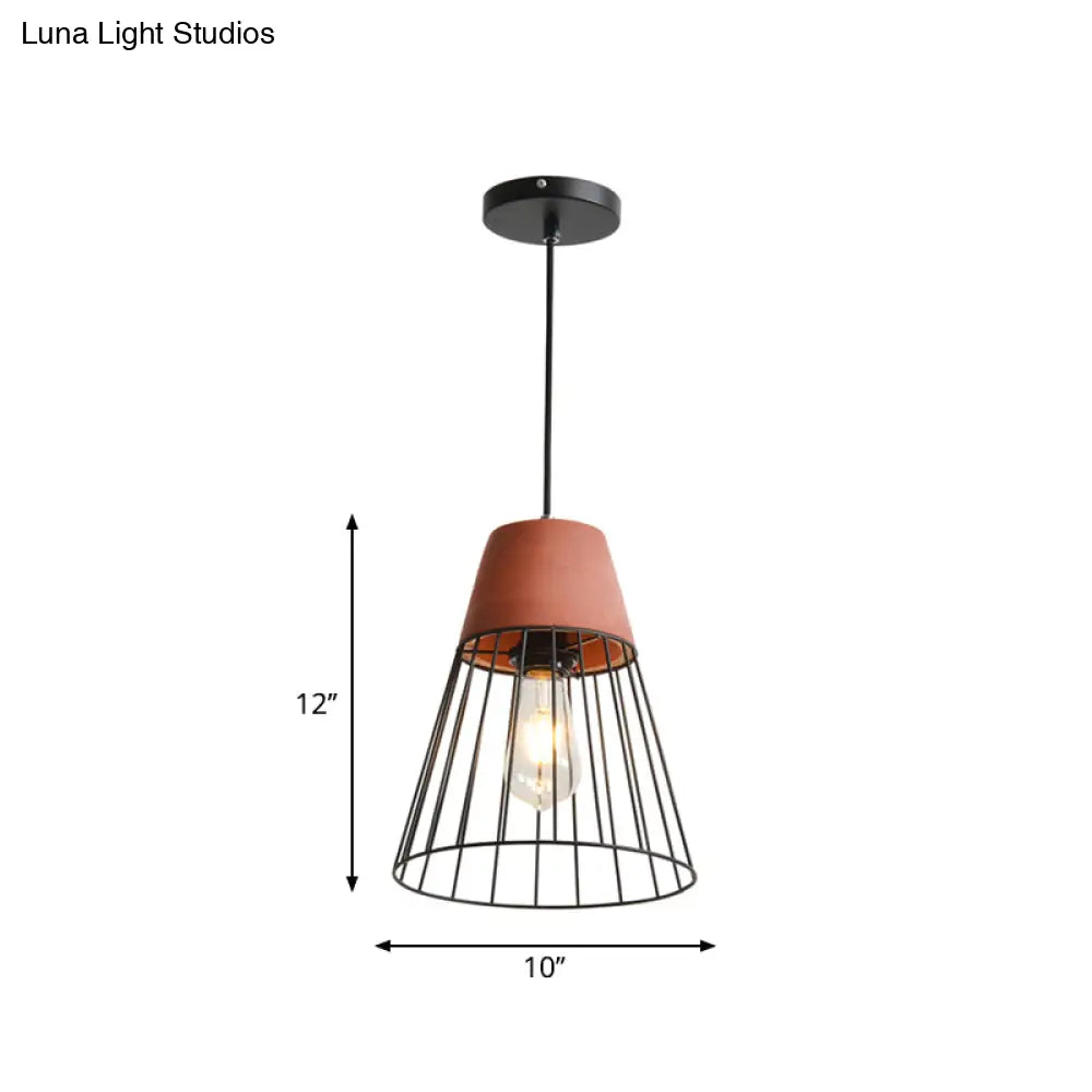 Loft Bedside Pendant Light With Cage And Cement Top In Grey/Red