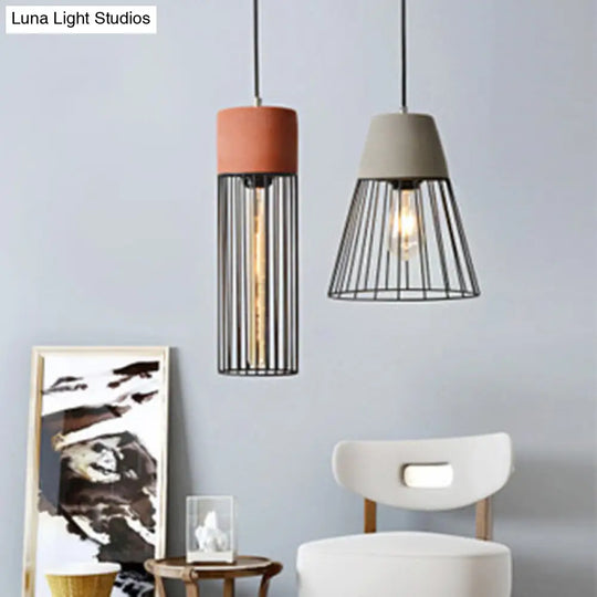 1 Light Suspension Lamp Loft Pendant With Iron Cage And Cement Top In Grey/Red