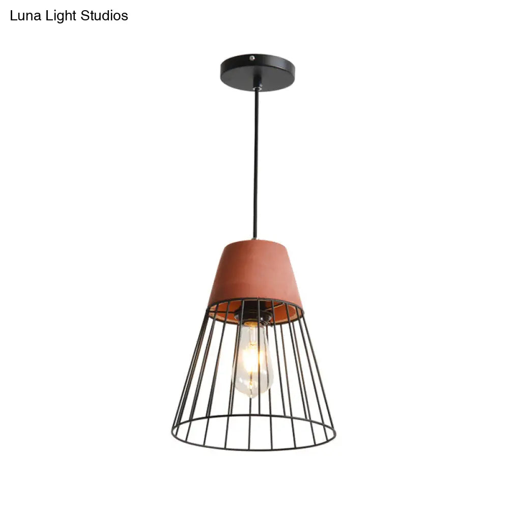 1 Light Suspension Lamp Loft Pendant With Iron Cage And Cement Top In Grey/Red