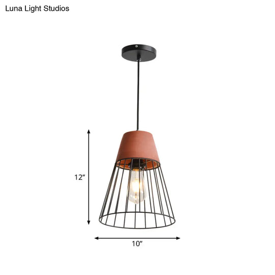 1 Light Suspension Lamp Loft Pendant With Iron Cage And Cement Top In Grey/Red