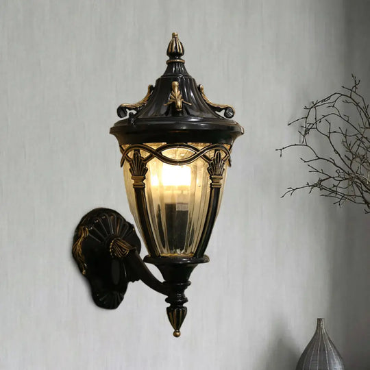 Loft Brass/Black Metal Wall Sconce Light With Ribbed Glass Shade Black