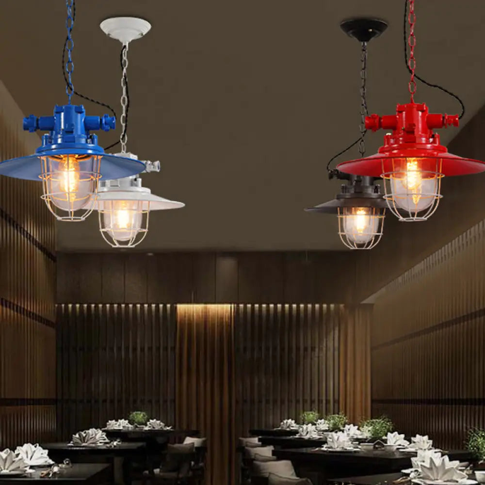 Loft Pendant Light With Metal Pendulum Saucer Clear Glass Shade And Cage - Red/White/Blue Red