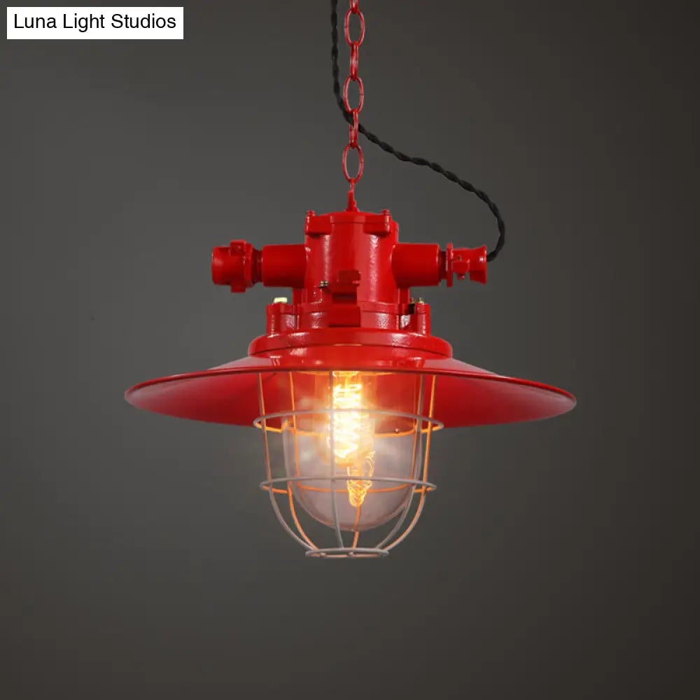 Modern Pendulum Pendant Light Kit - Metal Red/White/Blue Finish With Clear Glass Shade And Cage
