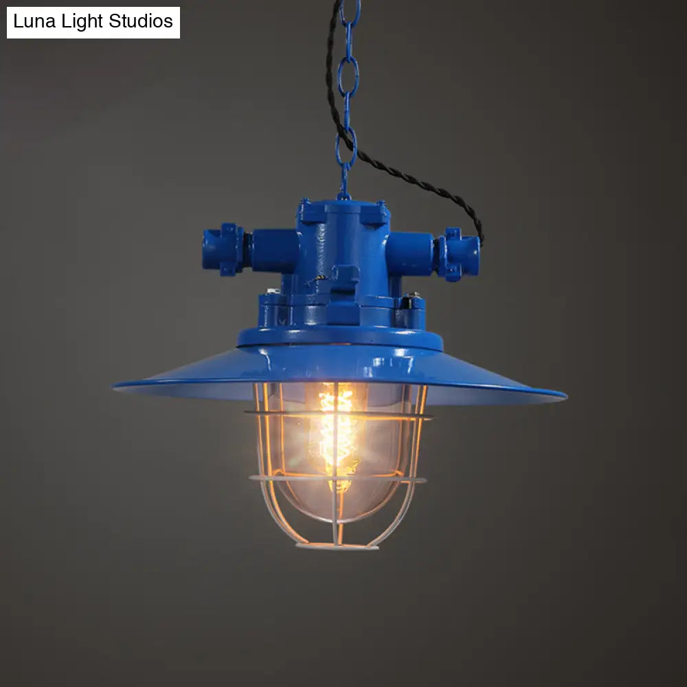 Loft Pendant Light With Metal Pendulum Saucer Clear Glass Shade And Cage - Red/White/Blue