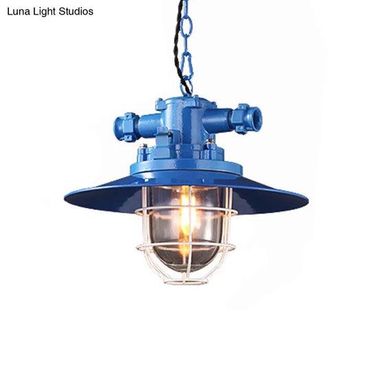 Modern Pendulum Pendant Light Kit - Metal Red/White/Blue Finish With Clear Glass Shade And Cage Blue