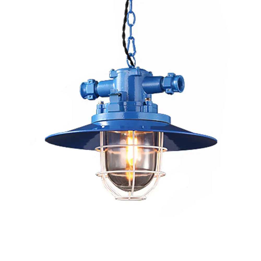Loft Pendant Light With Metal Pendulum Saucer Clear Glass Shade And Cage - Red/White/Blue Blue