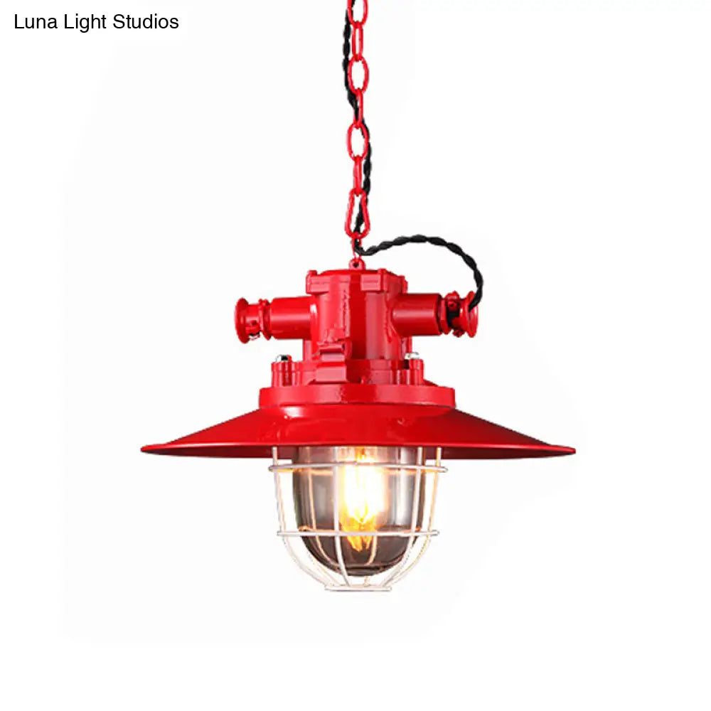 Loft Pendant Light With Metal Pendulum Saucer Clear Glass Shade And Cage - Red/White/Blue