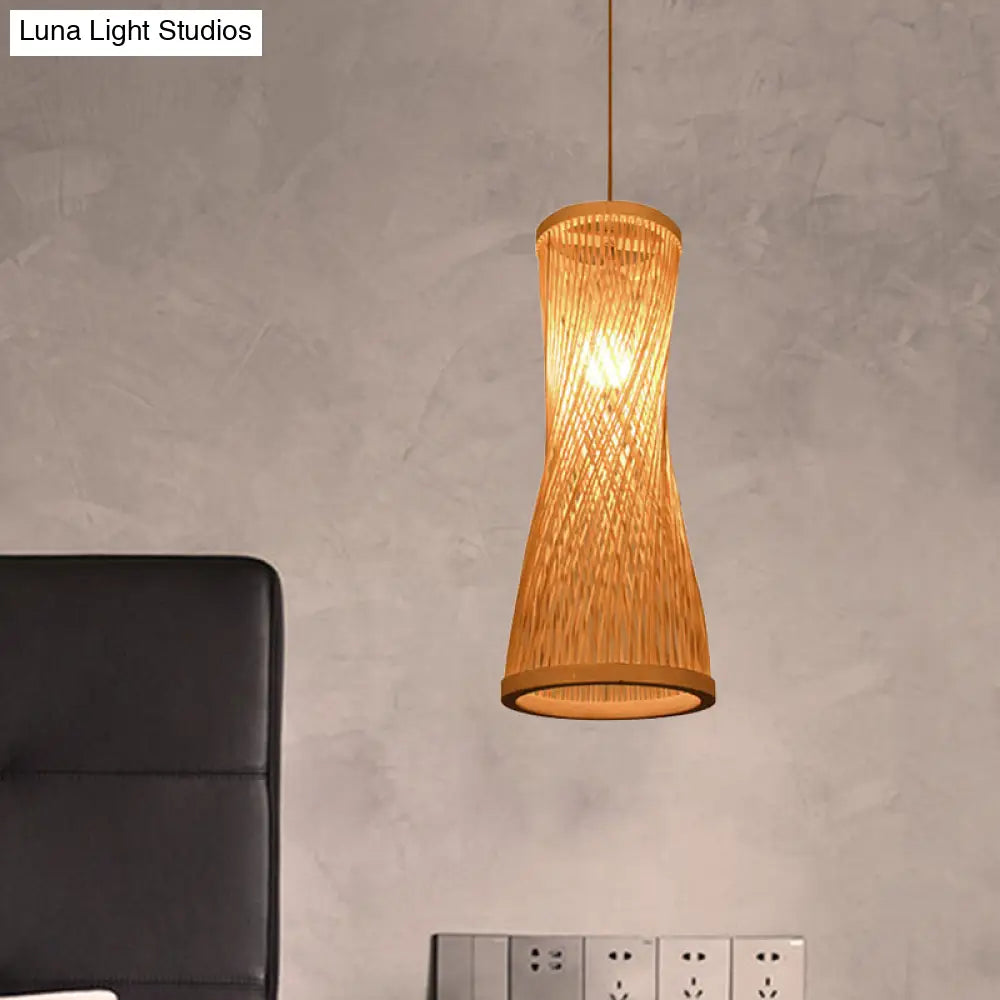 Loft Style 1-Light Bamboo Suspension Pendant - Hourglass Design (6/6.5 Wide) Beige Down Lighting