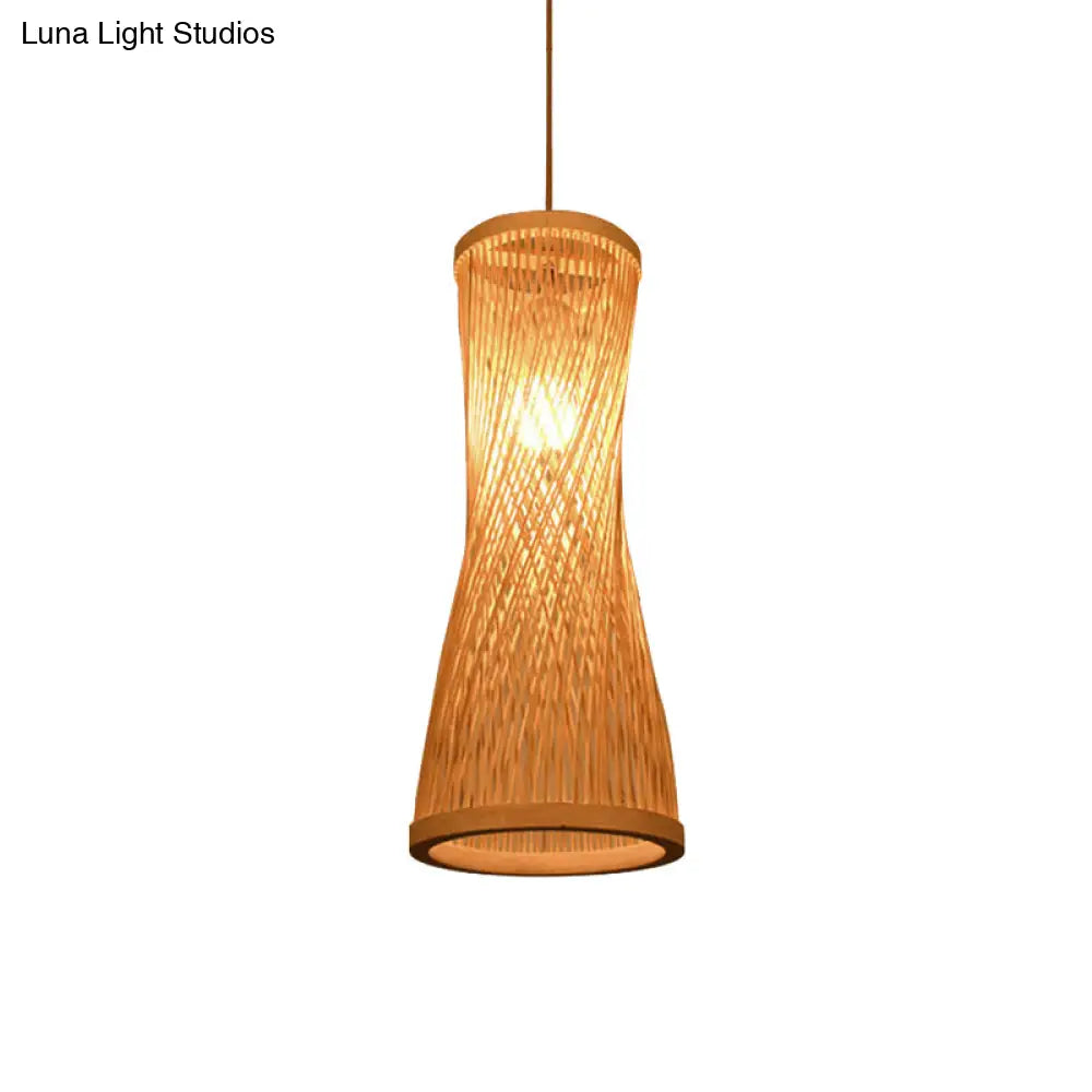 Loft Style 1-Light Bamboo Suspension Pendant - Hourglass Design (6/6.5 Wide) Beige Down Lighting