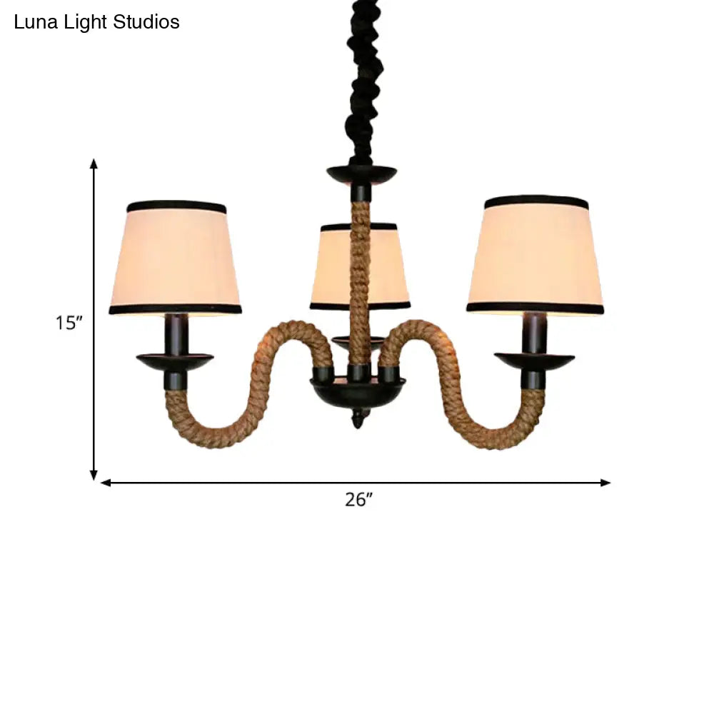 Loft Style Beige Pendant Light With Rope Detail - 3-Light Conic Shade Fabric Ceiling Fixture