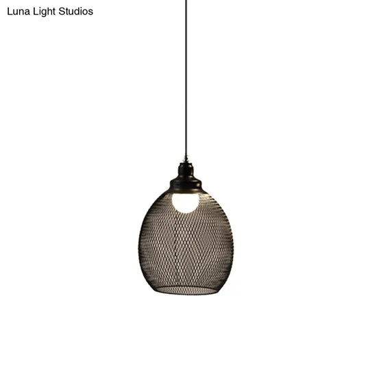 Mesh Drop Pendant Loft Style Black Iron Ceiling Lamp - 1-Light Dome/Bell/Oval Design For Dining Room