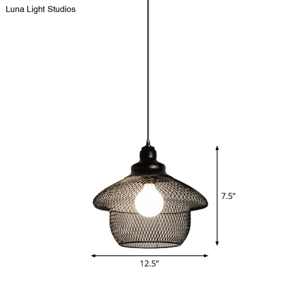 Mesh Drop Pendant Loft Style Black Iron Ceiling Lamp - 1-Light Dome/Bell/Oval Design For Dining Room