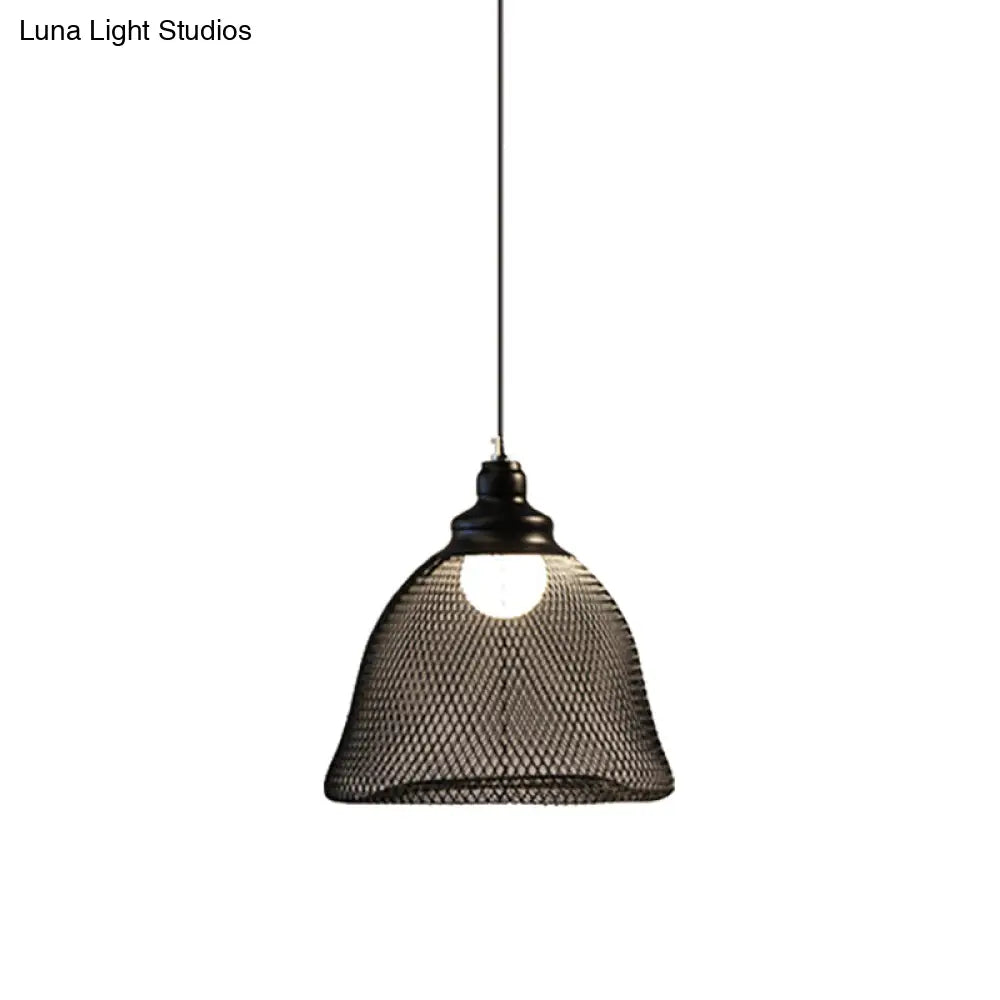 Mesh Drop Pendant Loft Style Black Iron Ceiling Lamp - 1-Light Dome/Bell/Oval Design For Dining Room