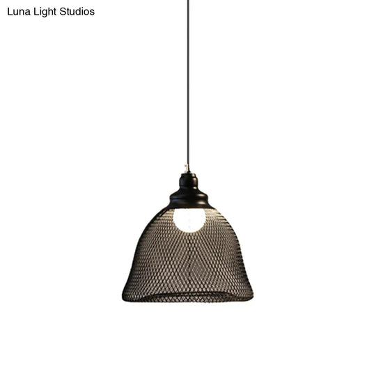 Mesh Drop Pendant Loft Style Black Iron Ceiling Lamp - 1-Light Dome/Bell/Oval Design For Dining Room