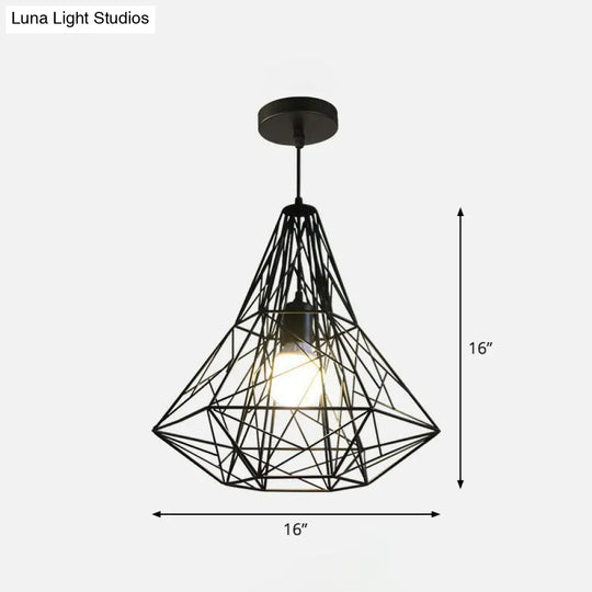 Iron Wire Diamond Pendant Lamp - Loft Style Ceiling Hang Light In Black With 1 Bulb For Restaurants