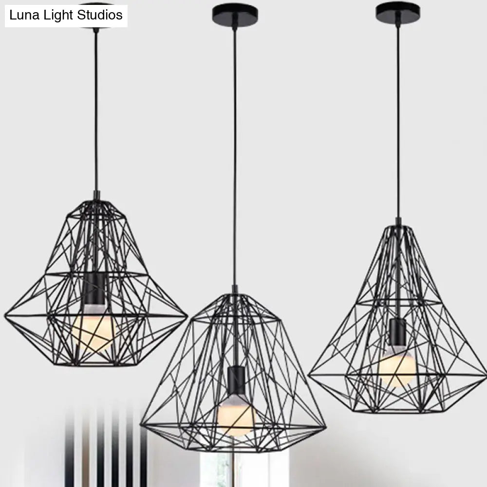 Iron Wire Diamond Pendant Lamp - Loft Style Ceiling Hang Light In Black With 1 Bulb For Restaurants