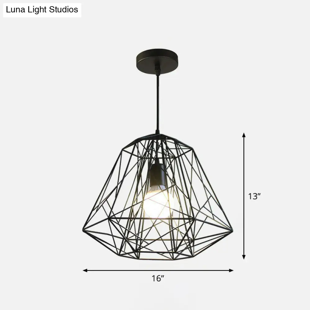 Iron Wire Diamond Pendant Lamp - Loft Style Ceiling Hang Light In Black With 1 Bulb For Restaurants