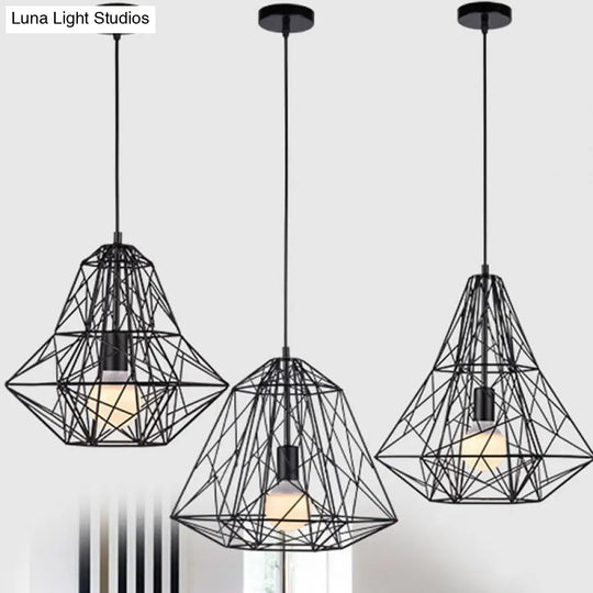 Loft Style Black Iron Wire Diamond Pendant Lamp With 1 Bulb - Restaurant Ceiling Hang Light