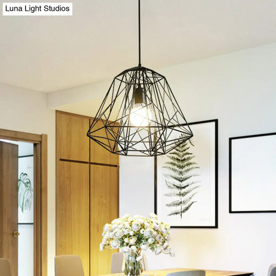 Loft Style Black Iron Wire Diamond Pendant Lamp With 1 Bulb - Restaurant Ceiling Hang Light