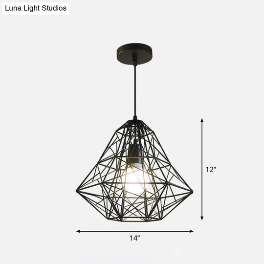 Iron Wire Diamond Pendant Lamp - Loft Style Ceiling Hang Light In Black With 1 Bulb For Restaurants