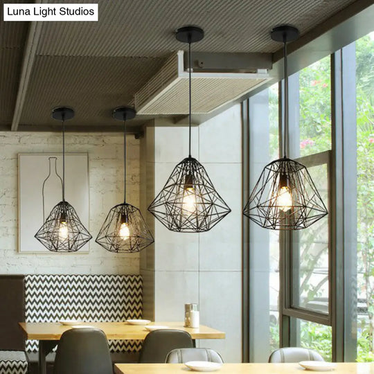 Iron Wire Diamond Pendant Lamp - Loft Style Ceiling Hang Light In Black With 1 Bulb For Restaurants