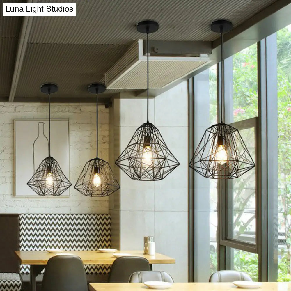 Loft Style Black Iron Wire Diamond Pendant Lamp With 1 Bulb - Restaurant Ceiling Hang Light