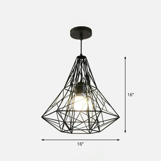 Loft Style Black Iron Wire Diamond Pendant Lamp With 1 Bulb - Restaurant Ceiling Hang Light / A