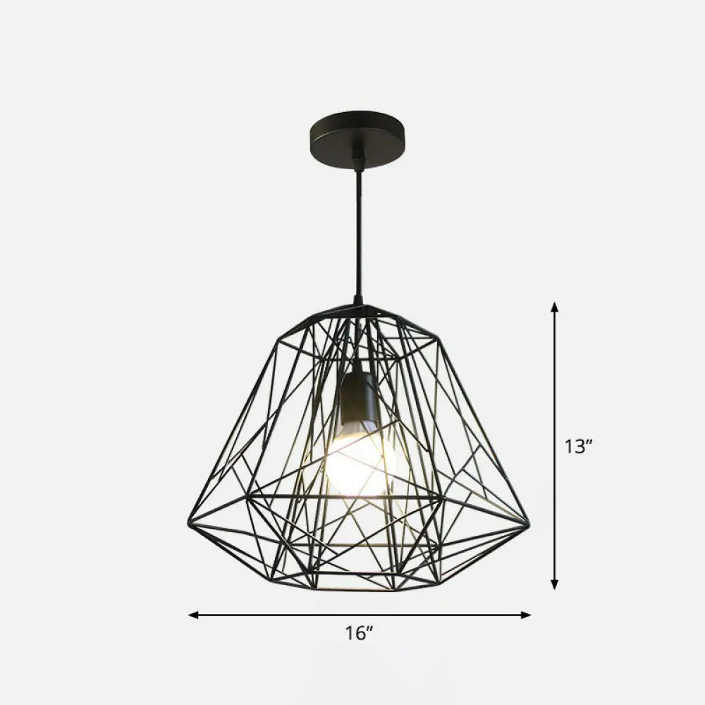 Loft Style Black Iron Wire Diamond Pendant Lamp With 1 Bulb - Restaurant Ceiling Hang Light / B