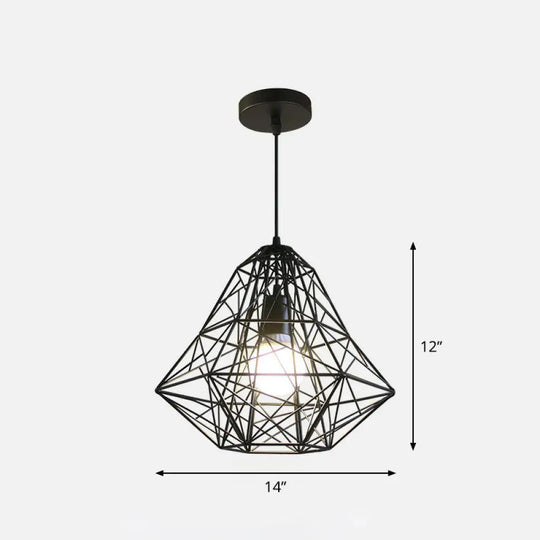 Loft Style Black Iron Wire Diamond Pendant Lamp With 1 Bulb - Restaurant Ceiling Hang Light / C