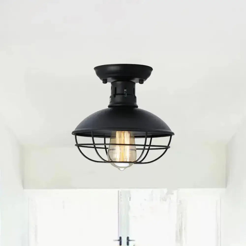 Loft Style Black Metal Semi Flush Ceiling Light With Cage Bottom