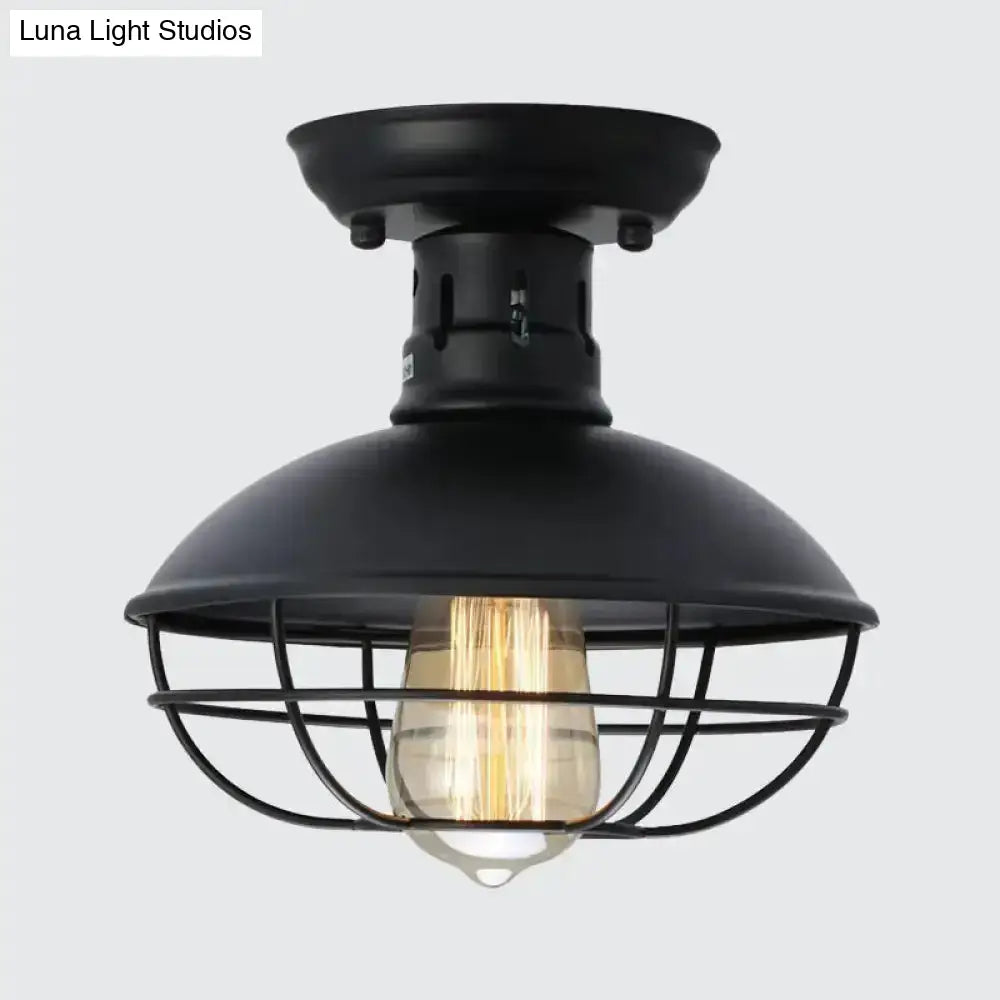 Loft Style Black Metal Semi Flush Ceiling Light With Cage Bottom