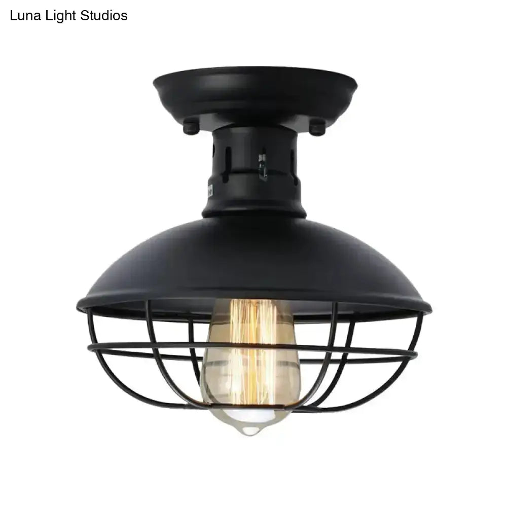 Loft Style Black Metal Semi Flush Ceiling Light With Cage Bottom