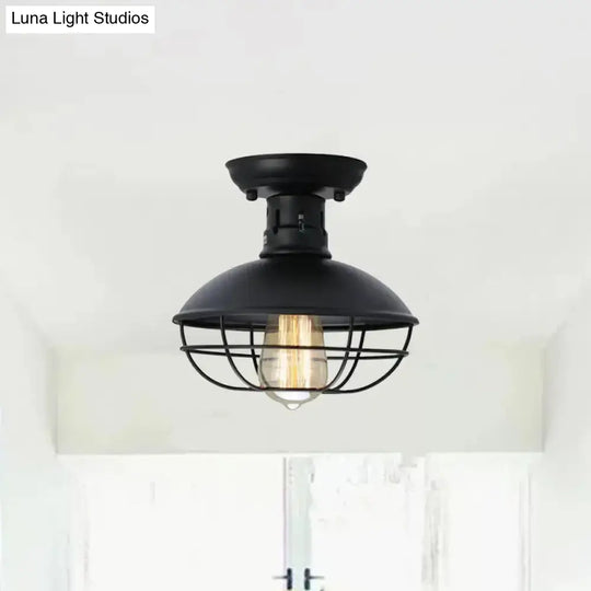 Loft Style Black Metal Semi Flush Ceiling Light With Cage Bottom